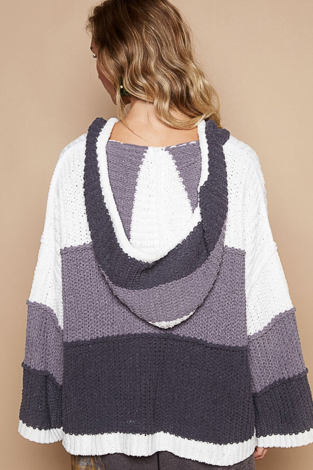 POL Color Block Long Sleeve Hooded Sweater Back View Ivory Charcoal Multi