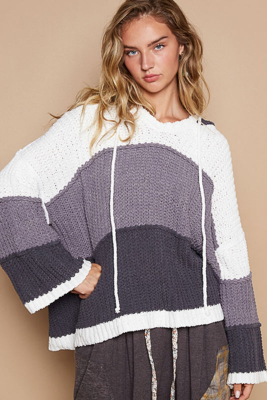 POL Color Block Long Sleeve Hooded Sweater Front View Ivory Charcoal Multi