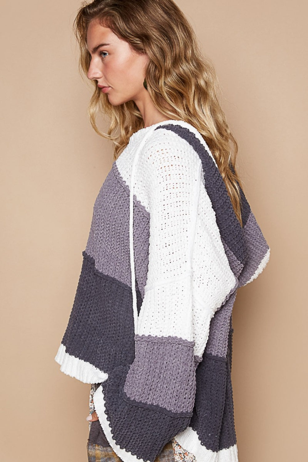 POL Color Block Long Sleeve Hooded Sweater Side View Ivory Charcoal Multi