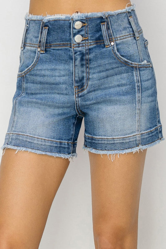 RISEN High Rise Seam Detailed Raw Edge Denim Shorts Front View