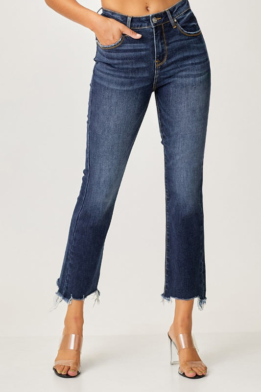 Risen Full Size Frayed Hem Cropped Straight Jeans Front View