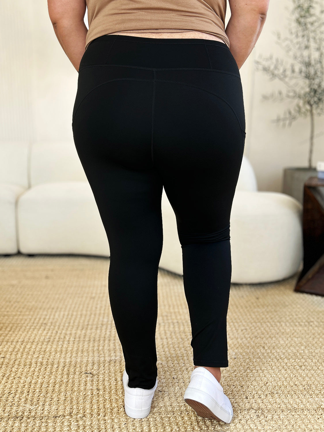 Wide Waistband Sports Leggings Plus Size Back View Black
