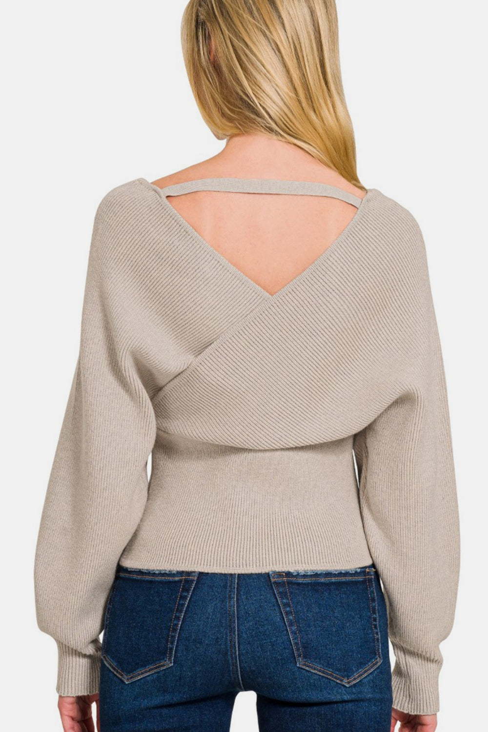 Zenana Cross Wrap Rib Long Sleeve Sweater Back View H Mocha