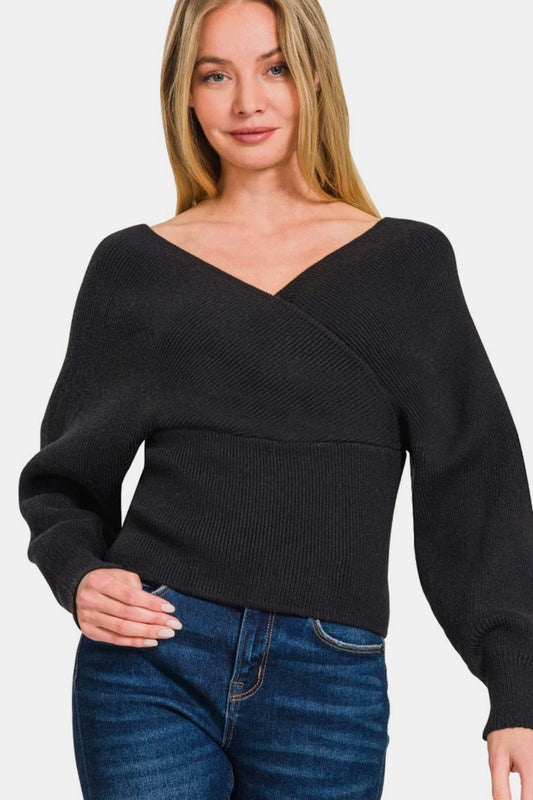Zenana Cross Wrap Rib Long Sleeve Sweater Front View Black