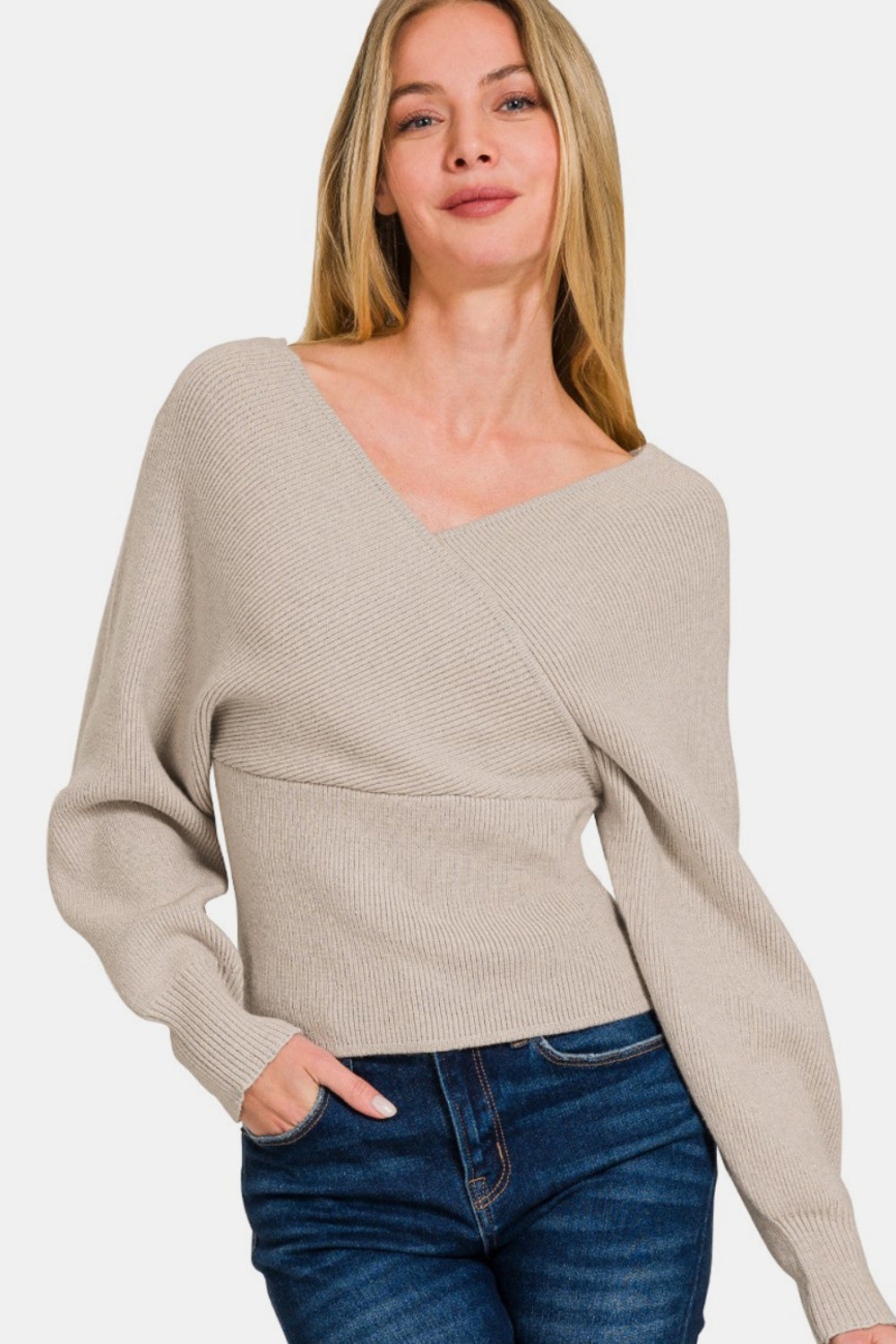 Zenana Cross Wrap Rib Long Sleeve Sweater Front View H Mocha