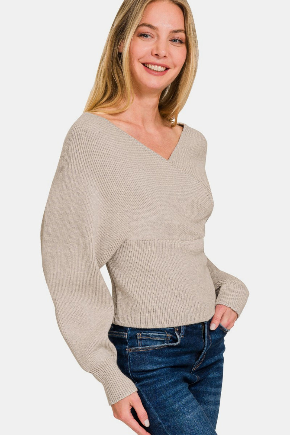 Zenana Cross Wrap Rib Long Sleeve Sweater Side View H Mocha