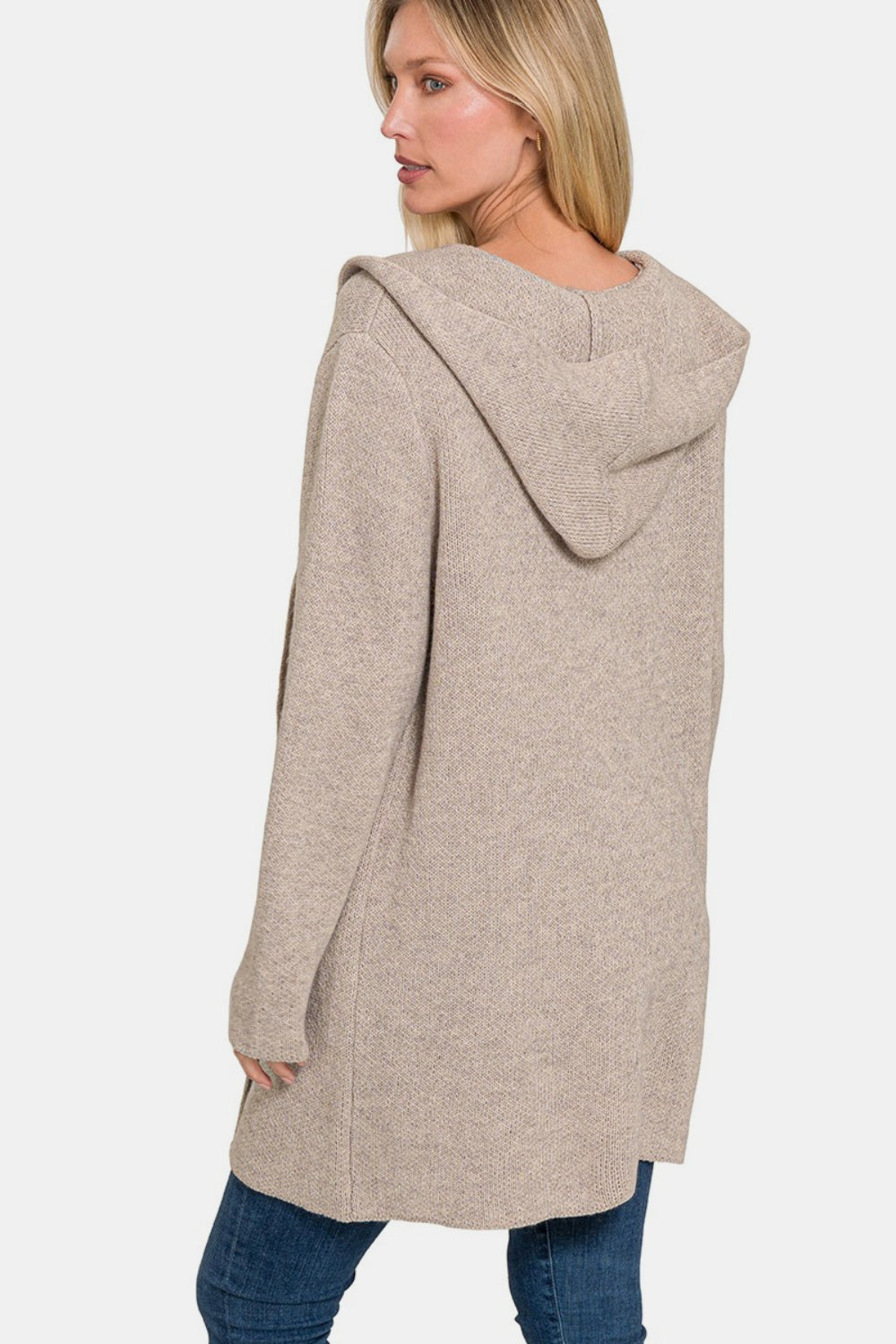 Zenana Hooded Open Front Sweater Cardigan Back View H Mocha