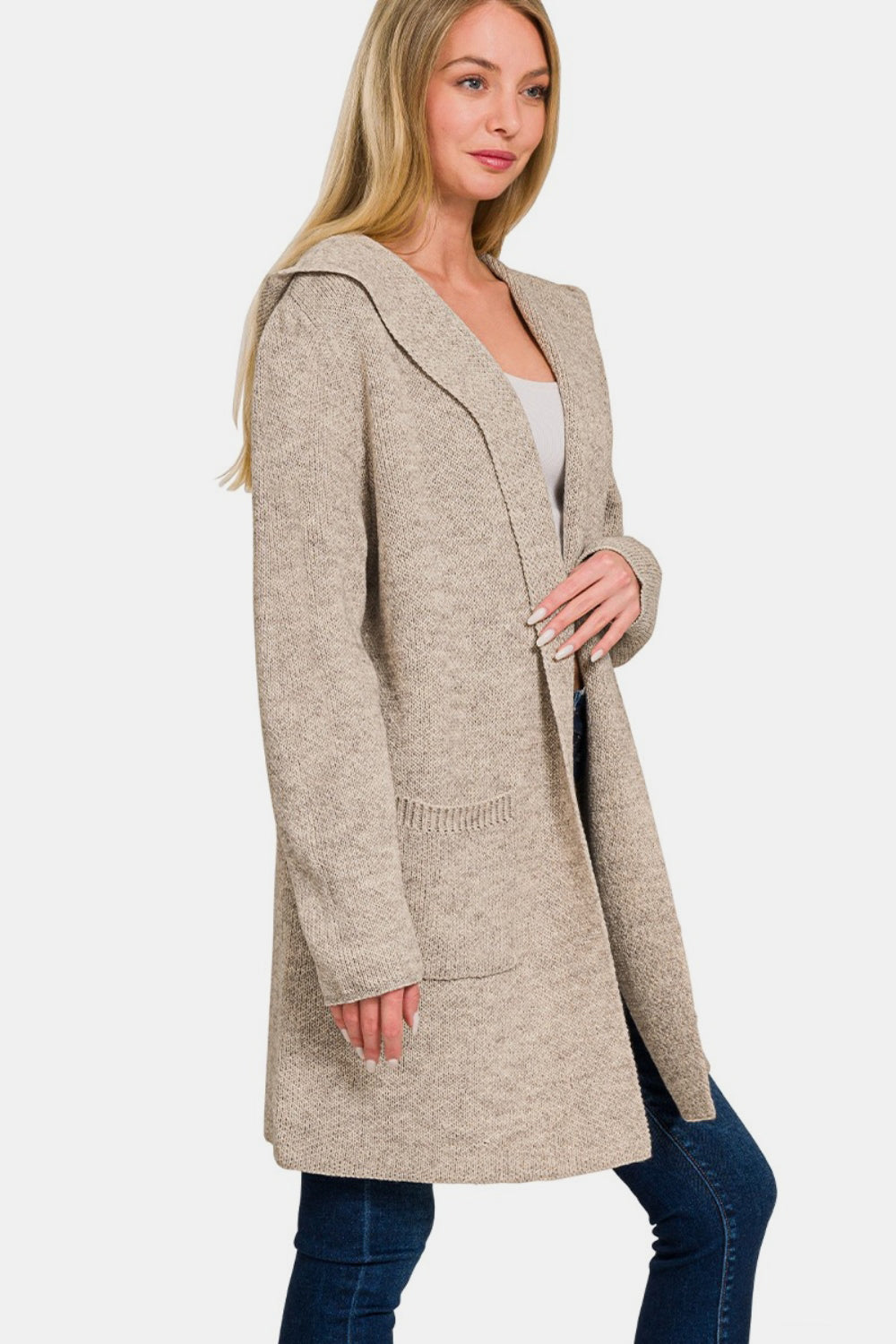 Zenana Hooded Open Front Sweater Cardigan Side View H Mocha
