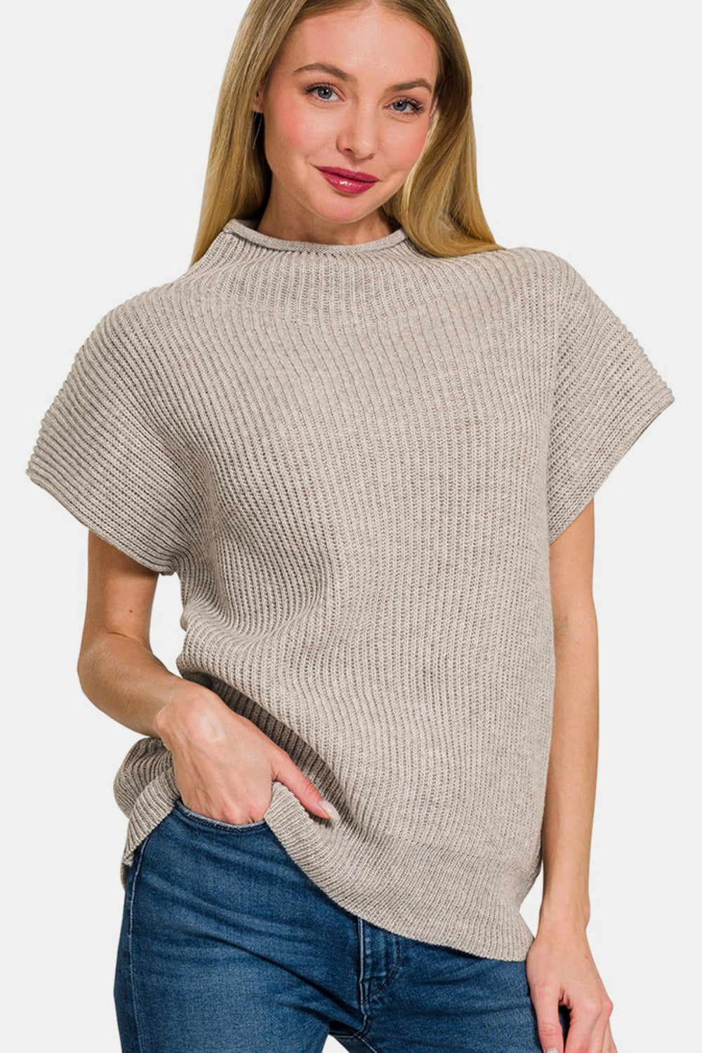Zenana Short Sleeve Mock Neck Sweater Alternate Front View H Mocha