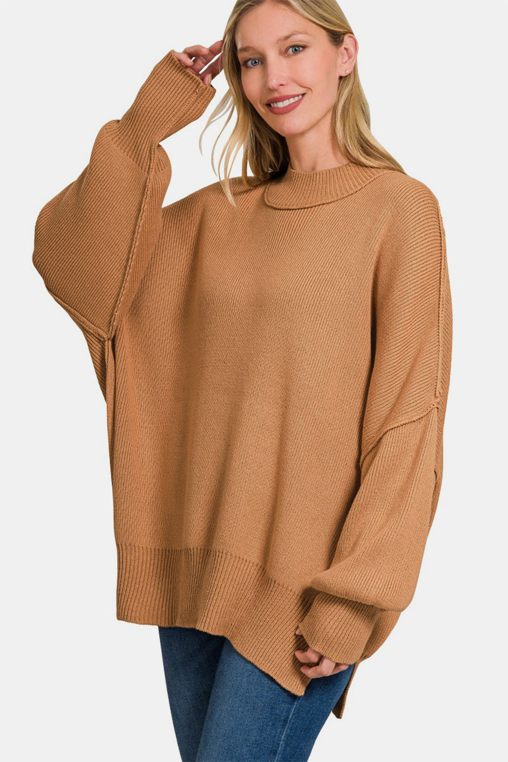 Zenana Side Sit Oversize Sweater Alternate Front View Deep Camel