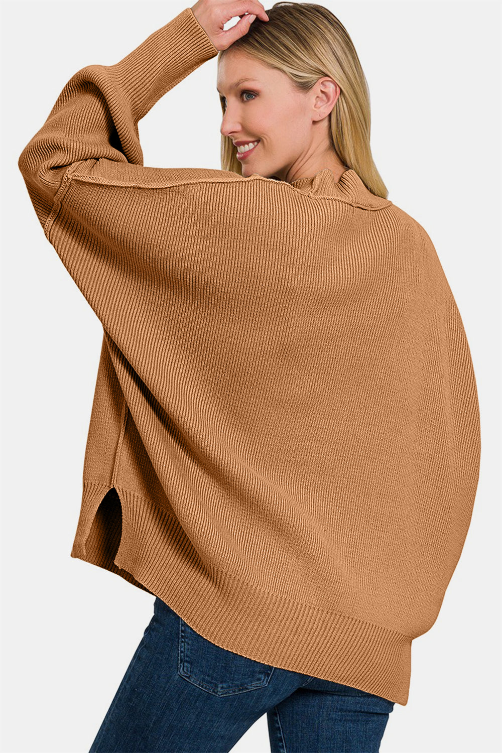 Zenana Side Sit Oversize Sweater Back View Deep Camel
