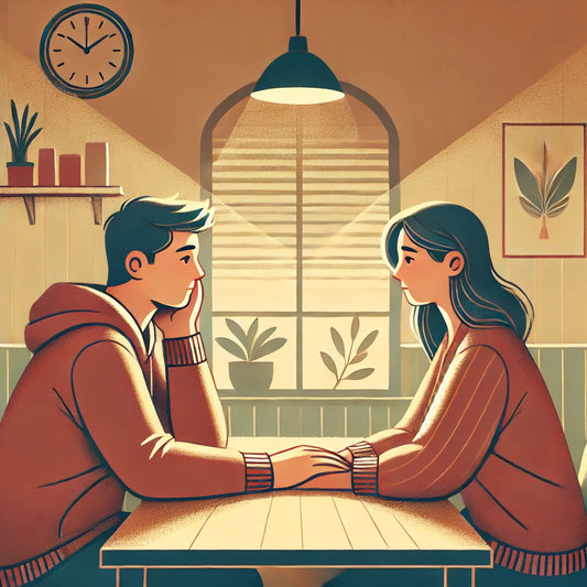 A heartfelt illustration of two people sitting across from each other at a table, having a meaningful conversation. The setting is warm and inviting.