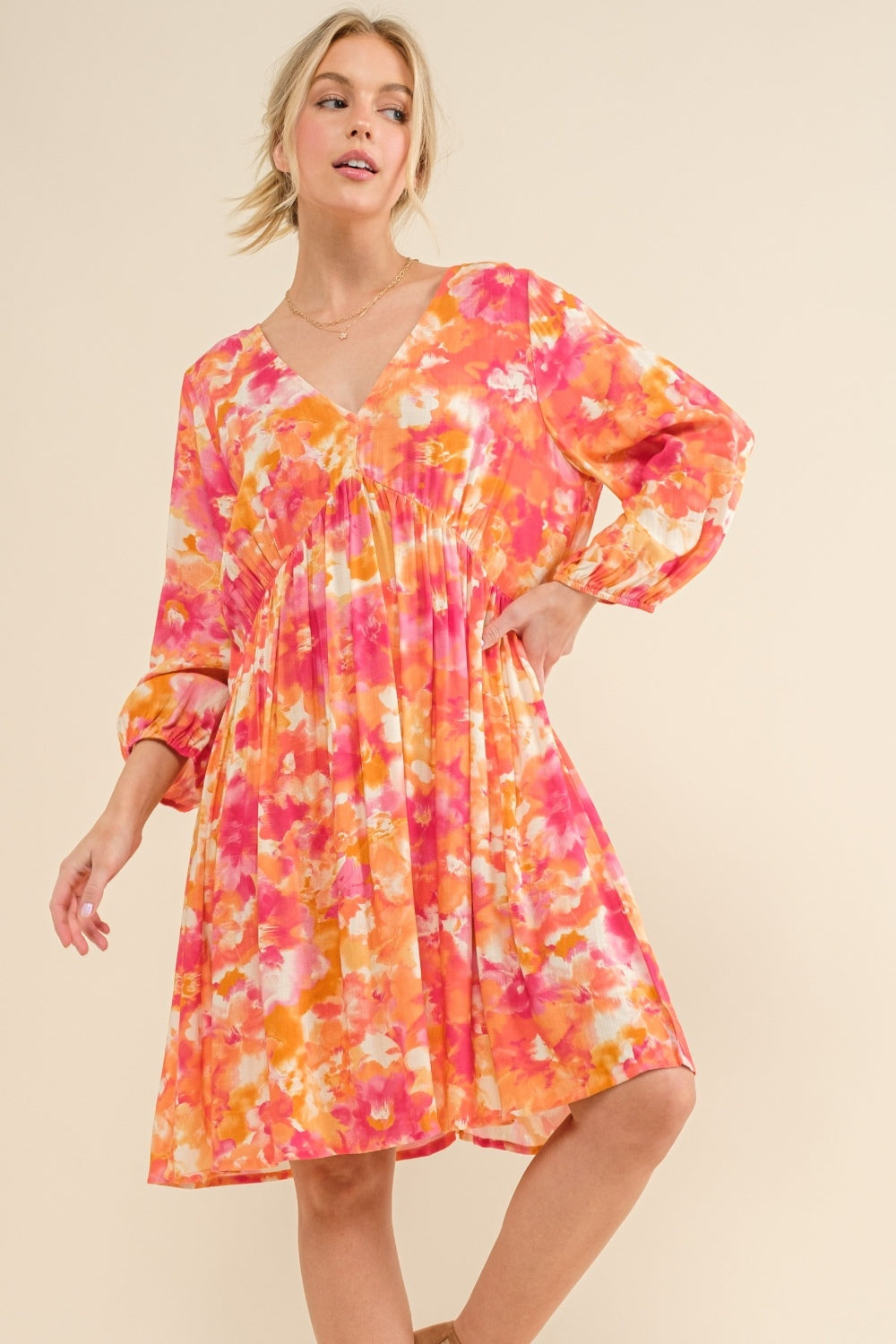 And The Why Full Size Printed Tie Back Long Sleeve Dress Full Alternate Front View