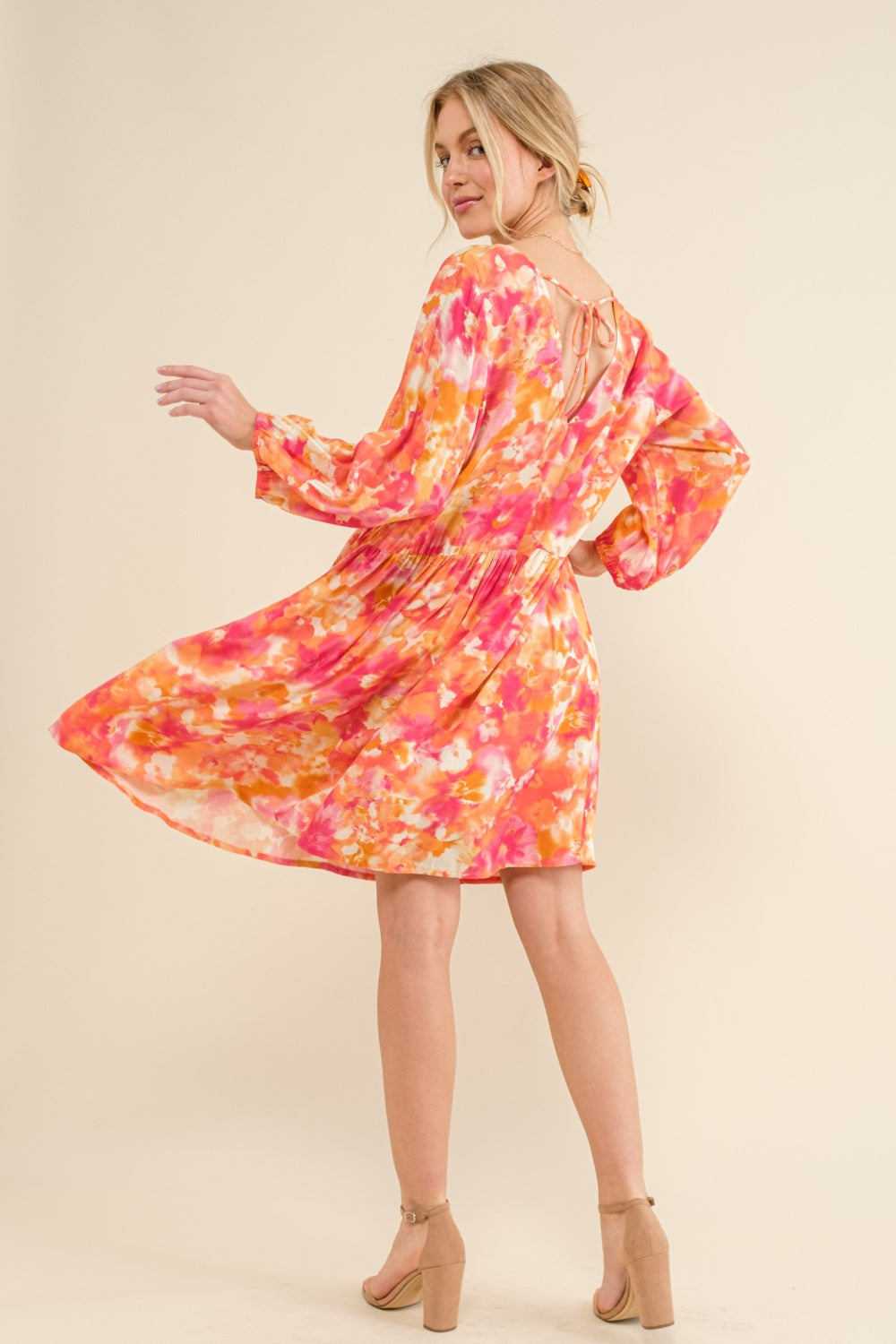 And The Why Full Size Printed Tie Back Long Sleeve Dress Full Back View