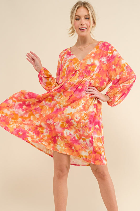 And The Why Full Size Printed Tie Back Long Sleeve Dress Full Frontal View