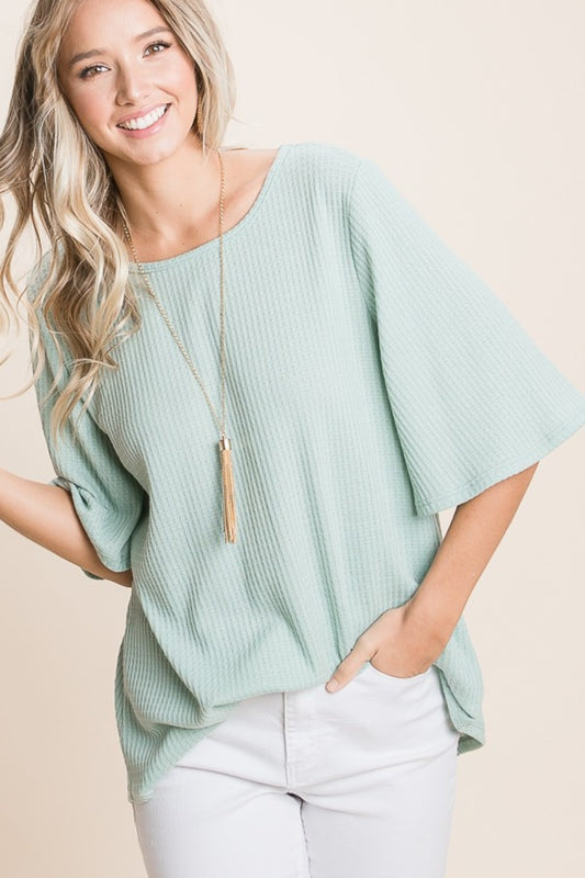 BOMBOM Round Neck Waffle Knit T-Shirt Front View Sage