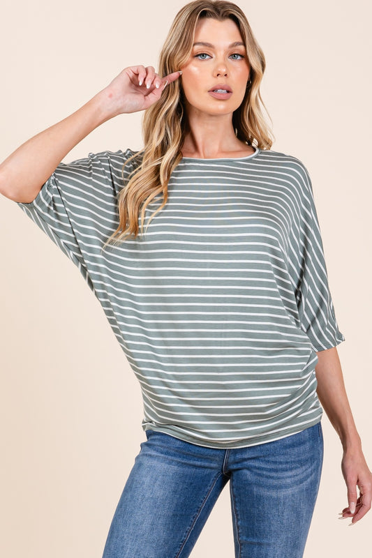 BOMBOM Striped Boat Neck Dolman Sleeve Top Front View Dusty Olive