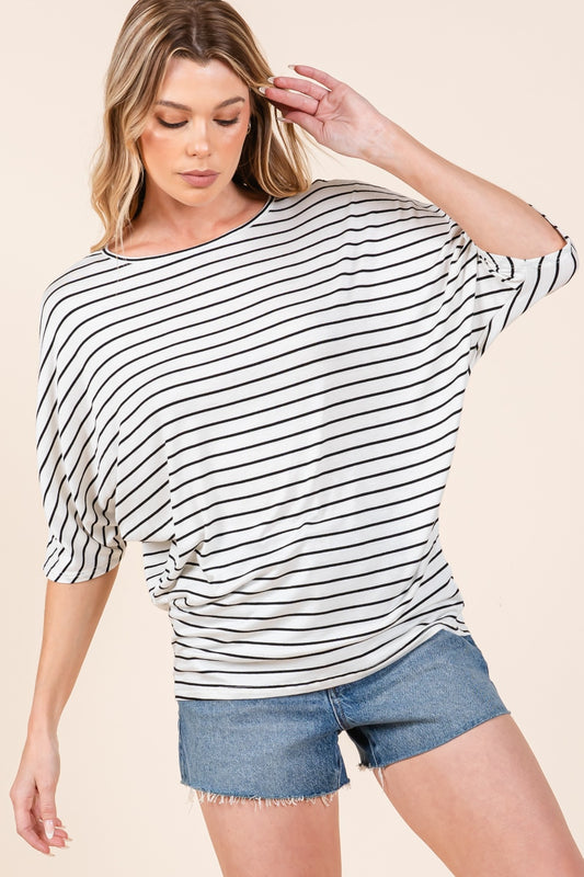 BOMBOM Striped Boat Neck Dolman Sleeve Top Front View Ivory