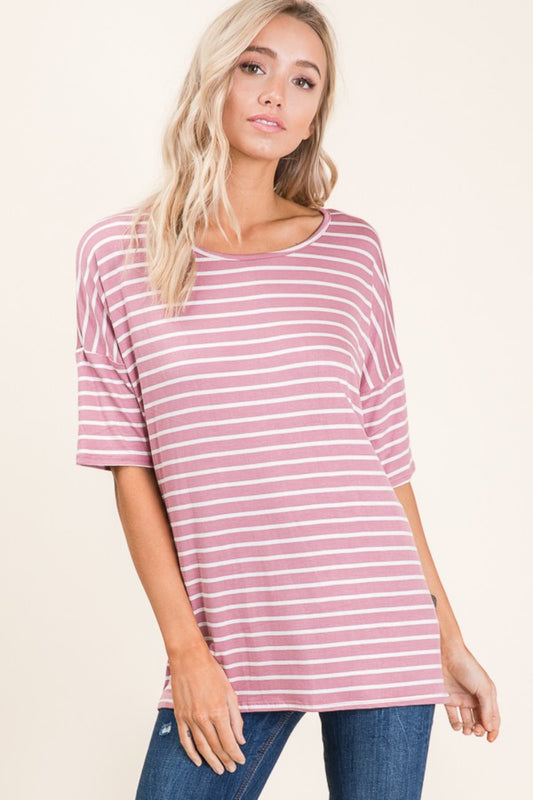 BOMBOM Striped Round Neck Half Sleeve T-Shirt Front View Mauve