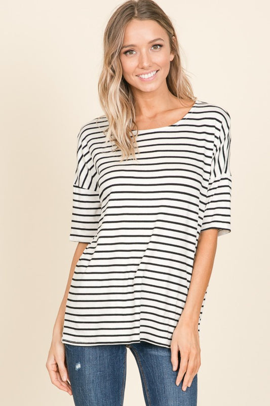 BOMBOM Striped Round Neck T-Shirt Front View Ivory