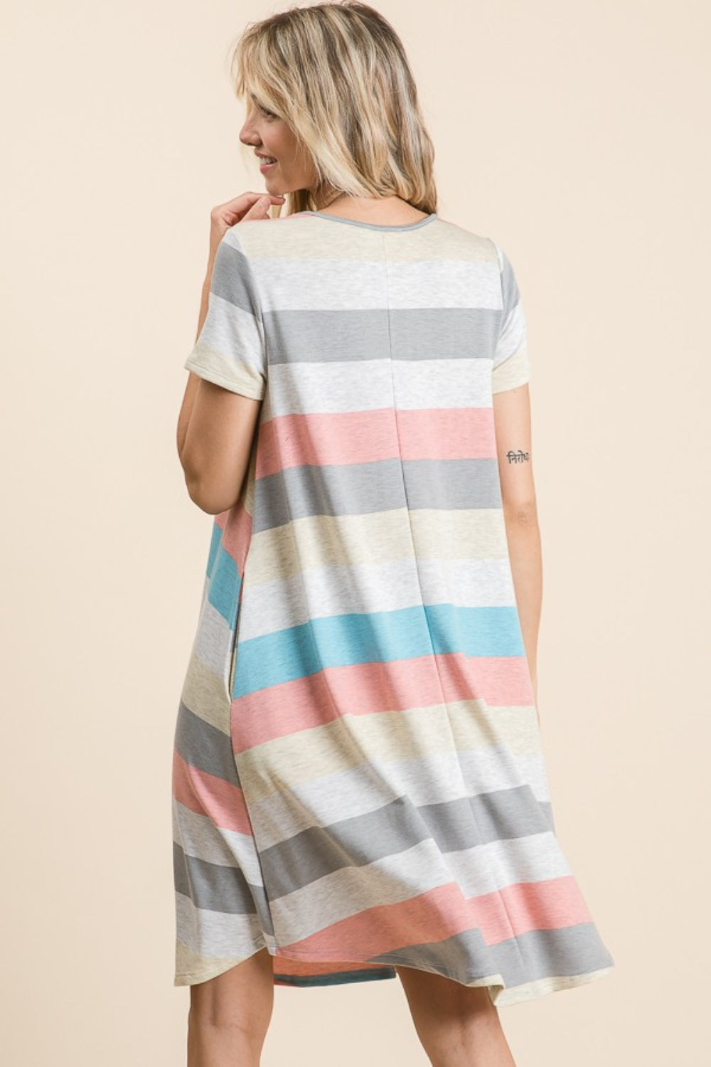 BOMBOM Striped Short Sleeve Dress with Pockets Back View