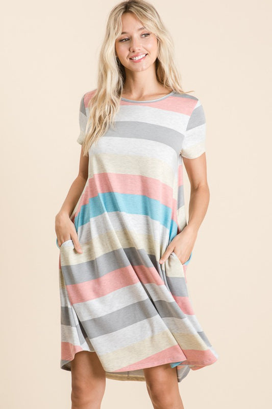BOMBOM Striped Short Sleeve Dress with Pockets Front View
