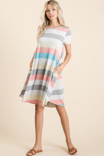 BOMBOM Striped Short Sleeve Dress with Pockets Full Frontal View