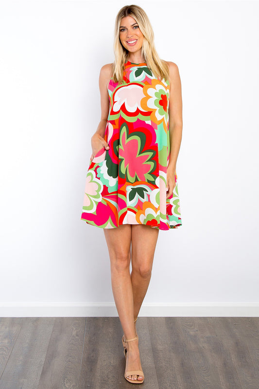 Be Stage Full Size Floral Sleeveless Mini Dress with Pockets Front View Coral