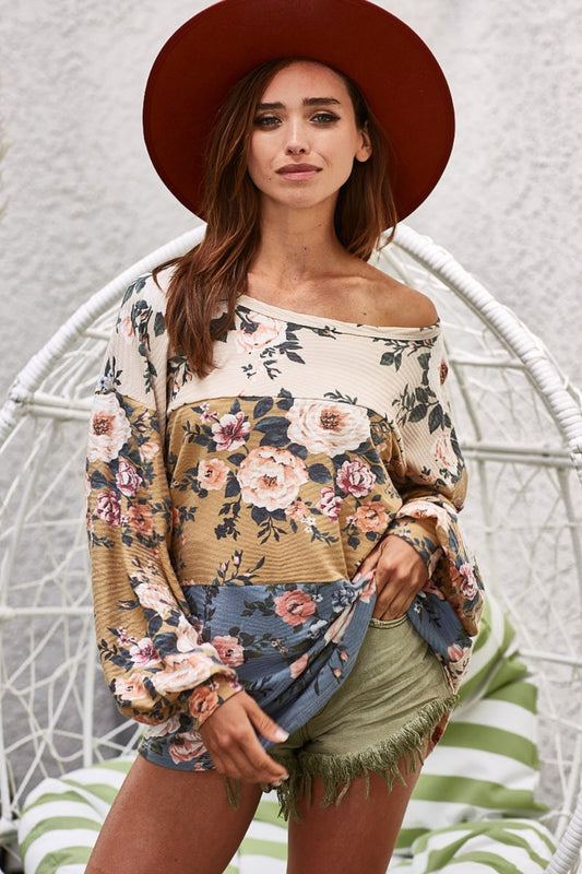 BiBi Floral Jacquard Color Block Top Front View