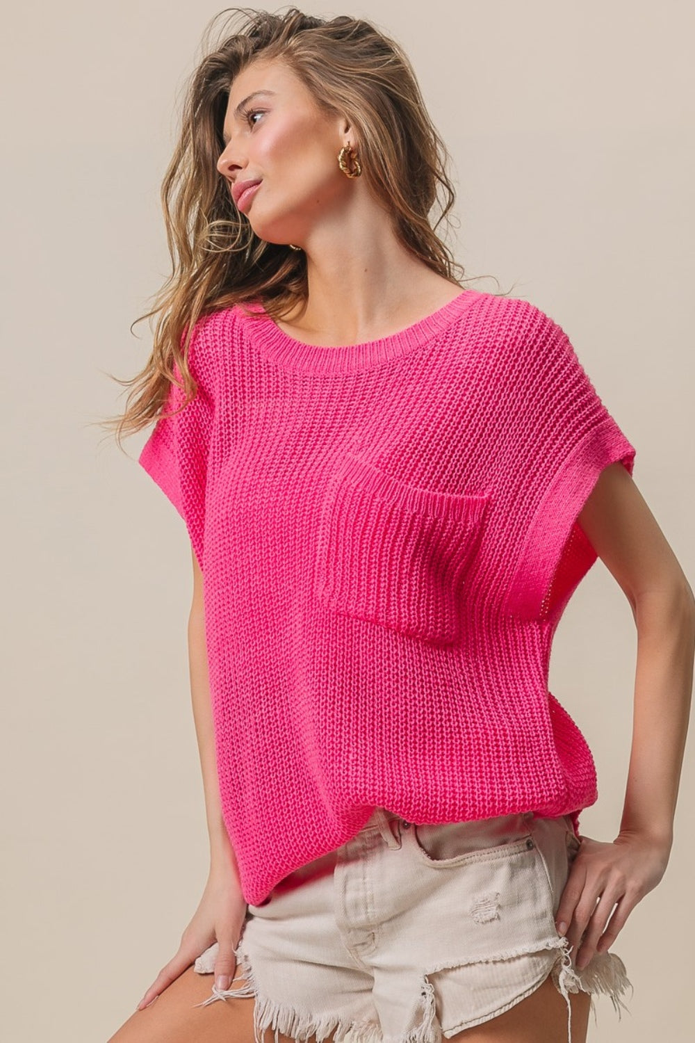 BiBi Patch Pocket Short Sleeve Sweater Alternate Front View
