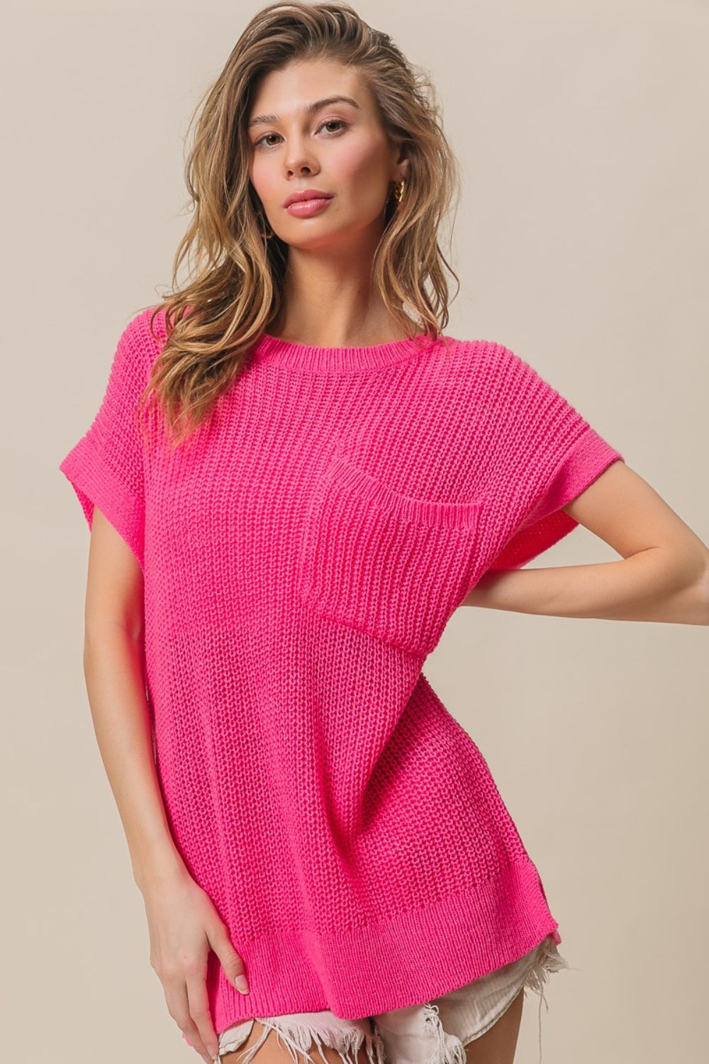 BiBi Patch Pocket Short Sleeve Sweater Front View