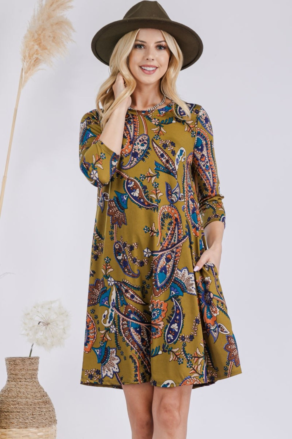 Celeste Full Size Paisley Print Round Neck Dress with Pockets Front View