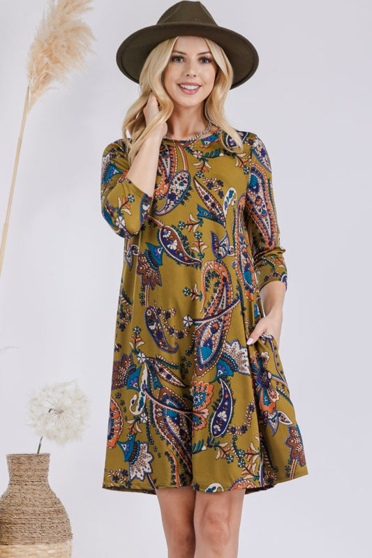 Celeste Full Size Paisley Print Round Neck Dress with Pockets Front View