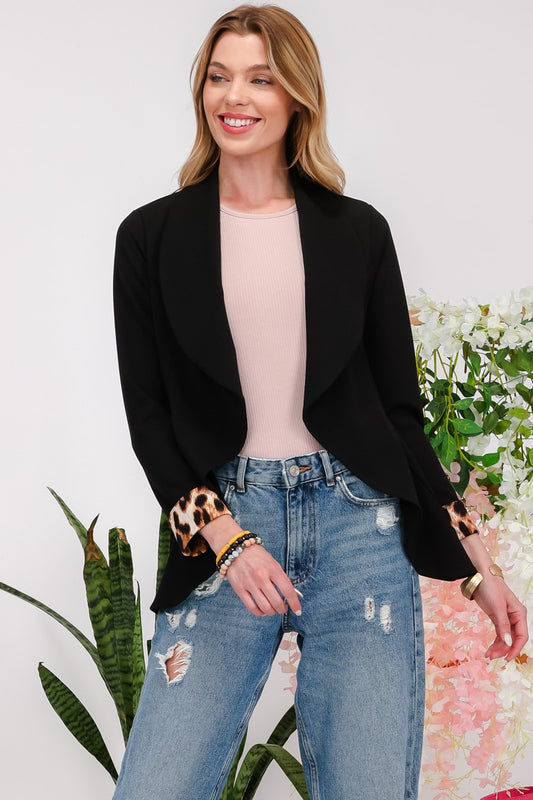 Celeste Full Size Rolled Leopard Cuff Open Front Blazer Front View Black