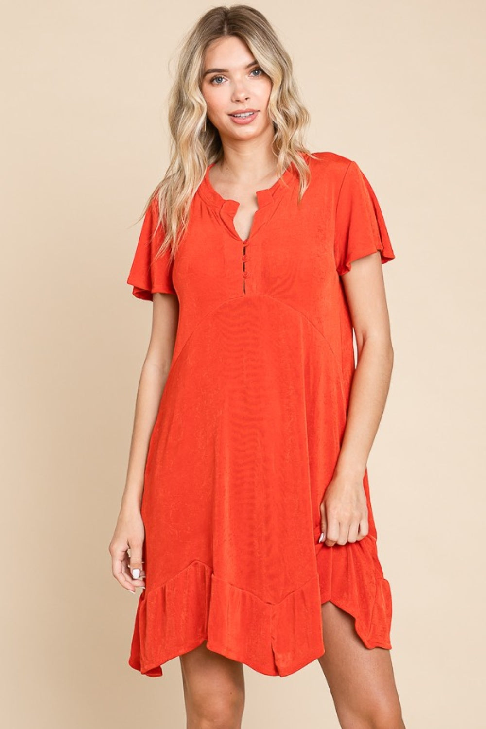Culture Code Full Size Short Sleeve Ruffled Asymmetric Hem Dress Alternate Front View Scarlet