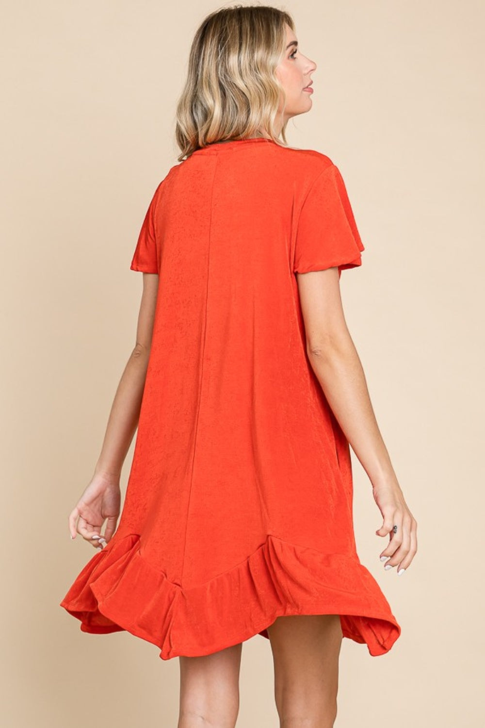 Culture Code Full Size Short Sleeve Ruffled Asymmetric Hem Dress Back View Scarlet