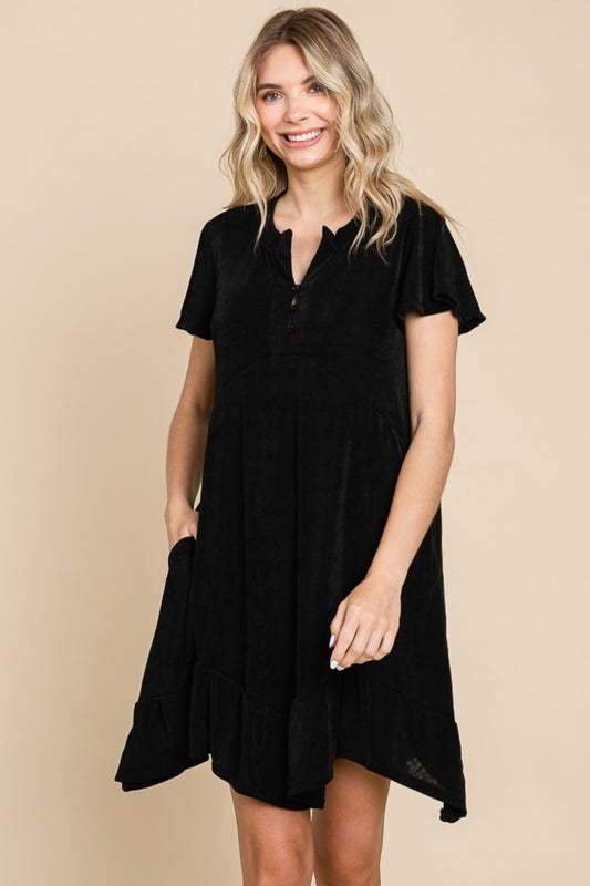 Culture Code Full Size Short Sleeve Ruffled Asymmetric Hem Dress Front View Black
