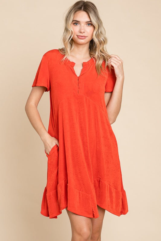 Culture Code Full Size Short Sleeve Ruffled Asymmetric Hem Dress Front View Scarlet