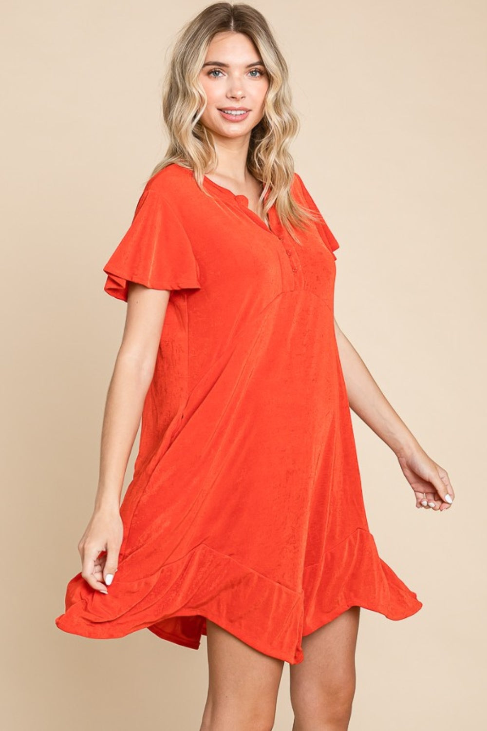 Culture Code Full Size Short Sleeve Ruffled Asymmetric Hem Dress Side View Scarlet