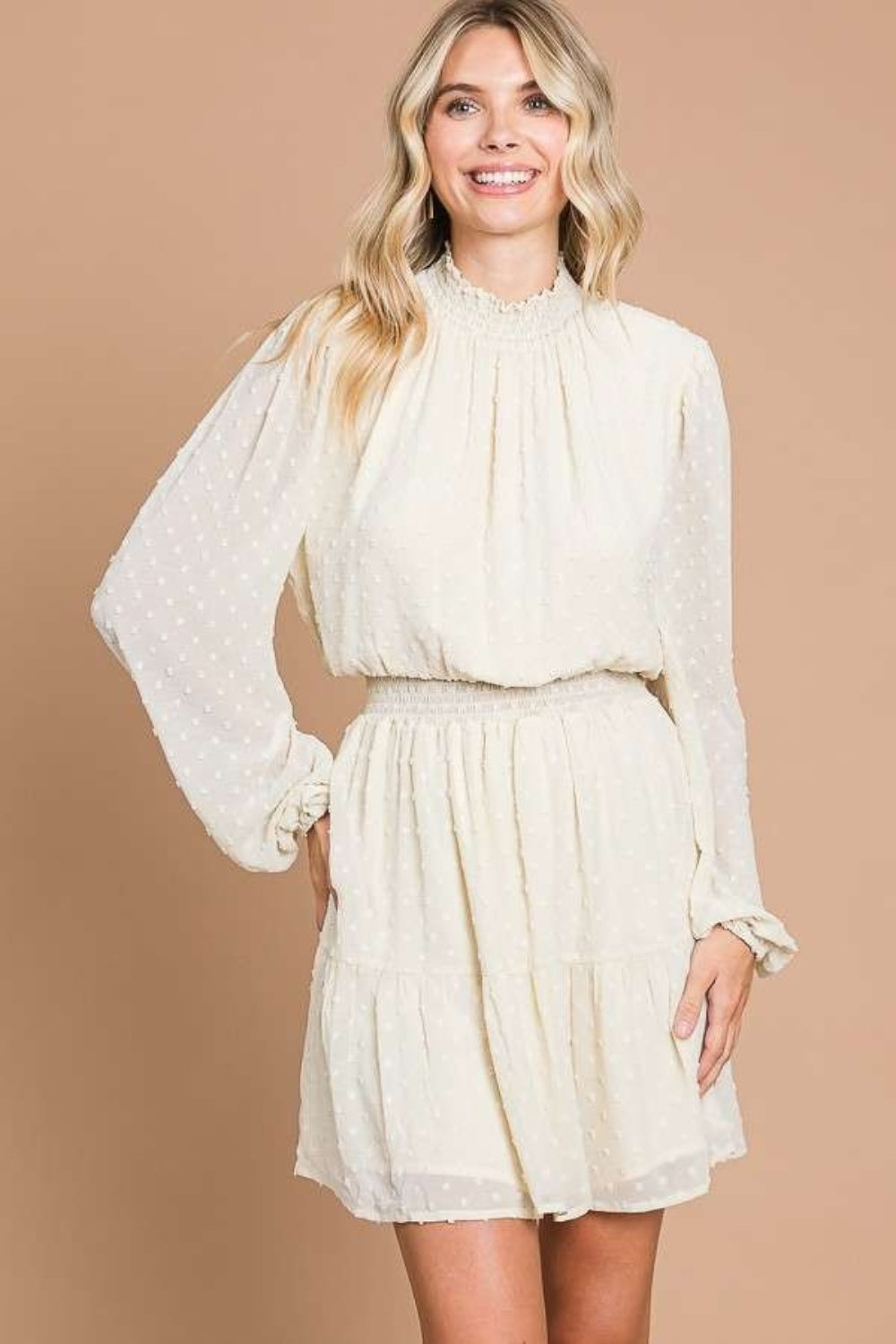 Culture Code Swiss Dot Smock Neck Mini Dress with Pockets Alternate Front View Ivory Cream