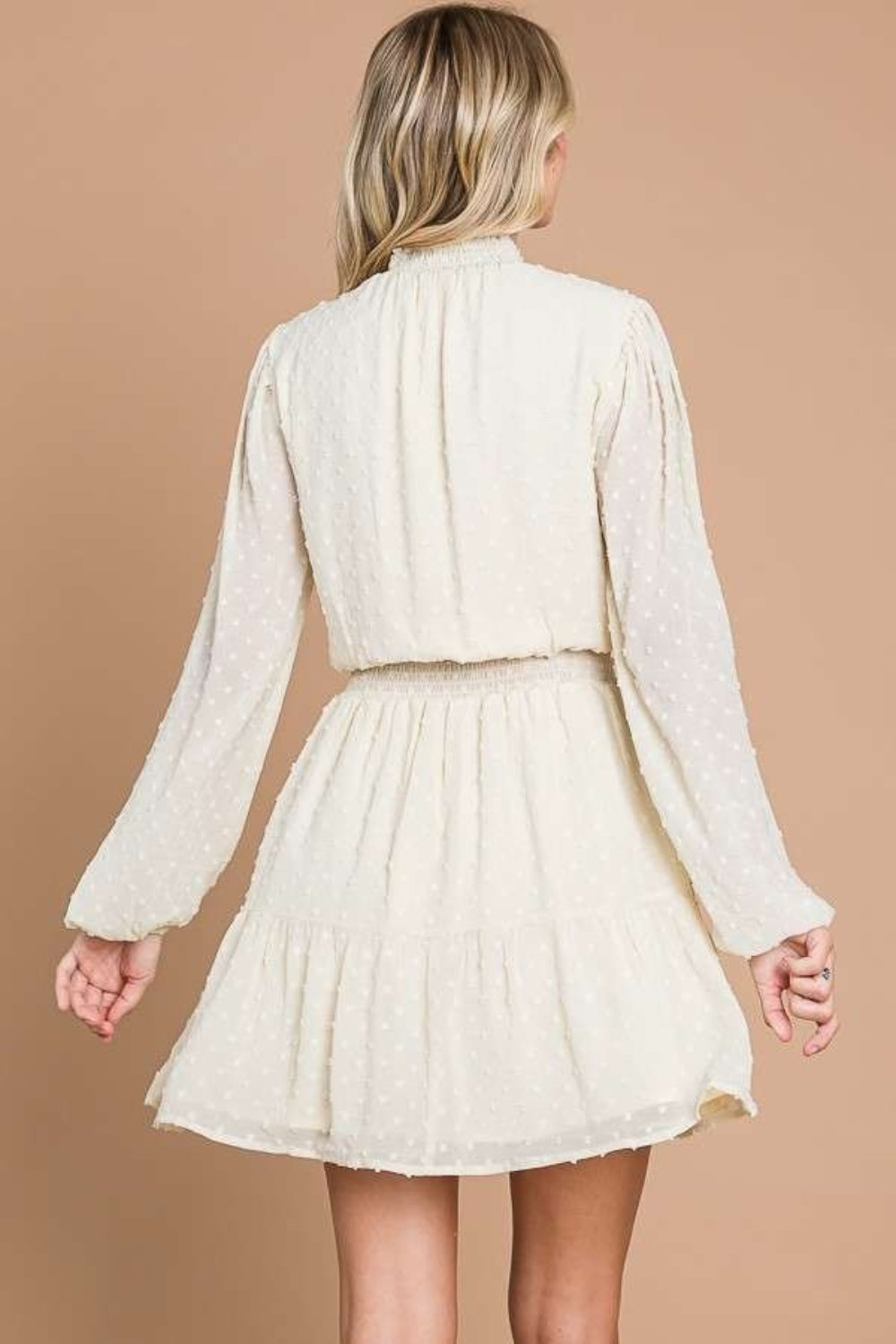 Culture Code Swiss Dot Smock Neck Mini Dress with Pockets Back View Ivory Cream
