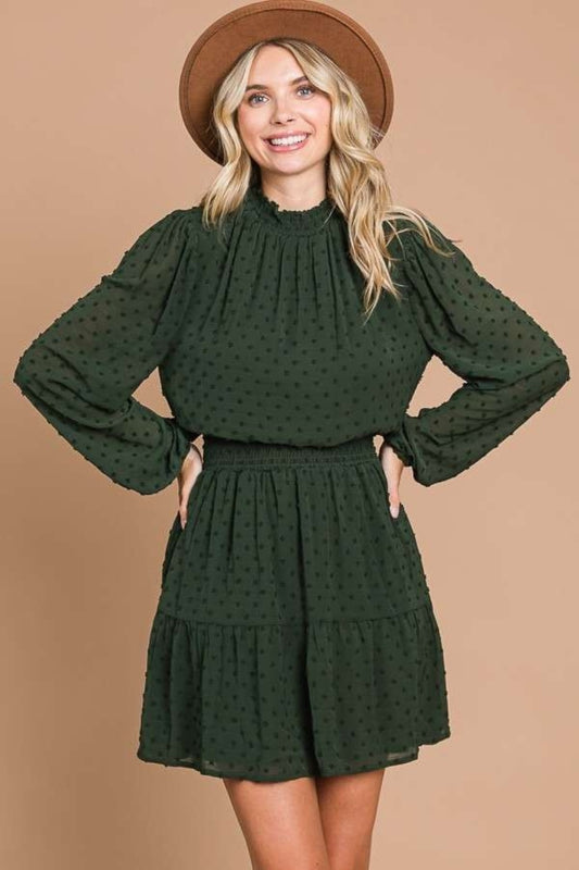 Culture Code Swiss Dot Smock Neck Mini Dress with Pockets Front View .Olive