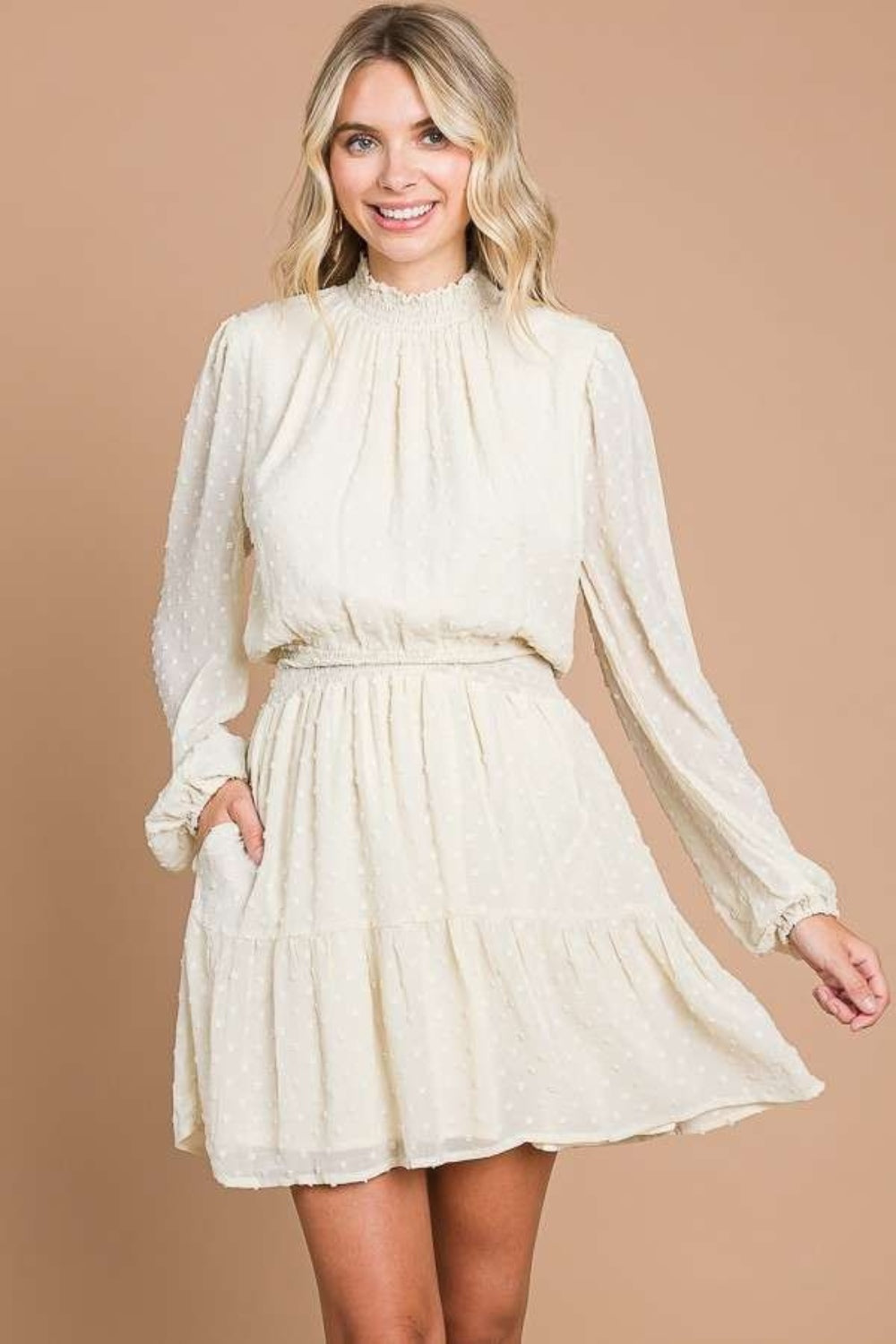 Culture Code Swiss Dot Smock Neck Mini Dress with Pockets Front View Ivory Cream