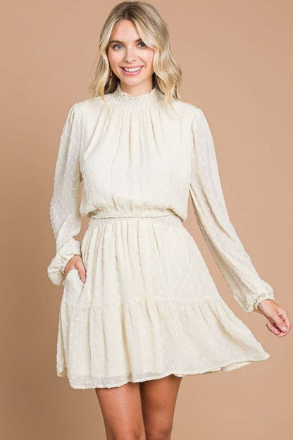 Culture Code Swiss Dot Smock Neck Mini Dress with Pockets Front View Ivory Cream