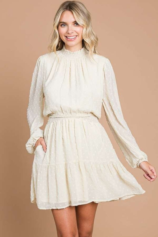 Culture Code Swiss Dot Smock Neck Mini Dress with Pockets Front View Ivory Cream