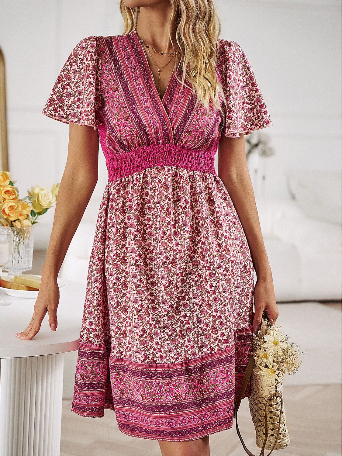 Devine Floral Smocked Waist Short Sleeve Mini Dress Alternate Front View