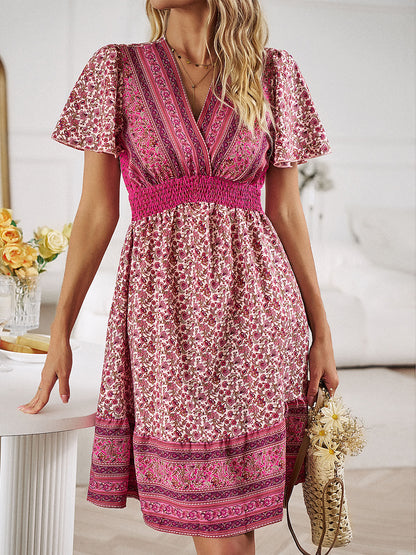 Devine Floral Smocked Waist Short Sleeve Mini Dress Alternate Front View