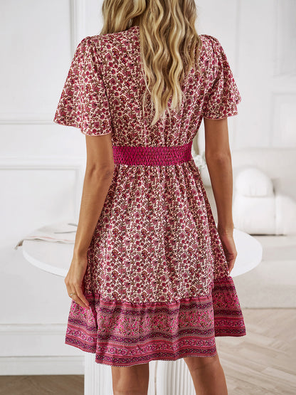 Devine Floral Smocked Waist Short Sleeve Mini Dress Back View