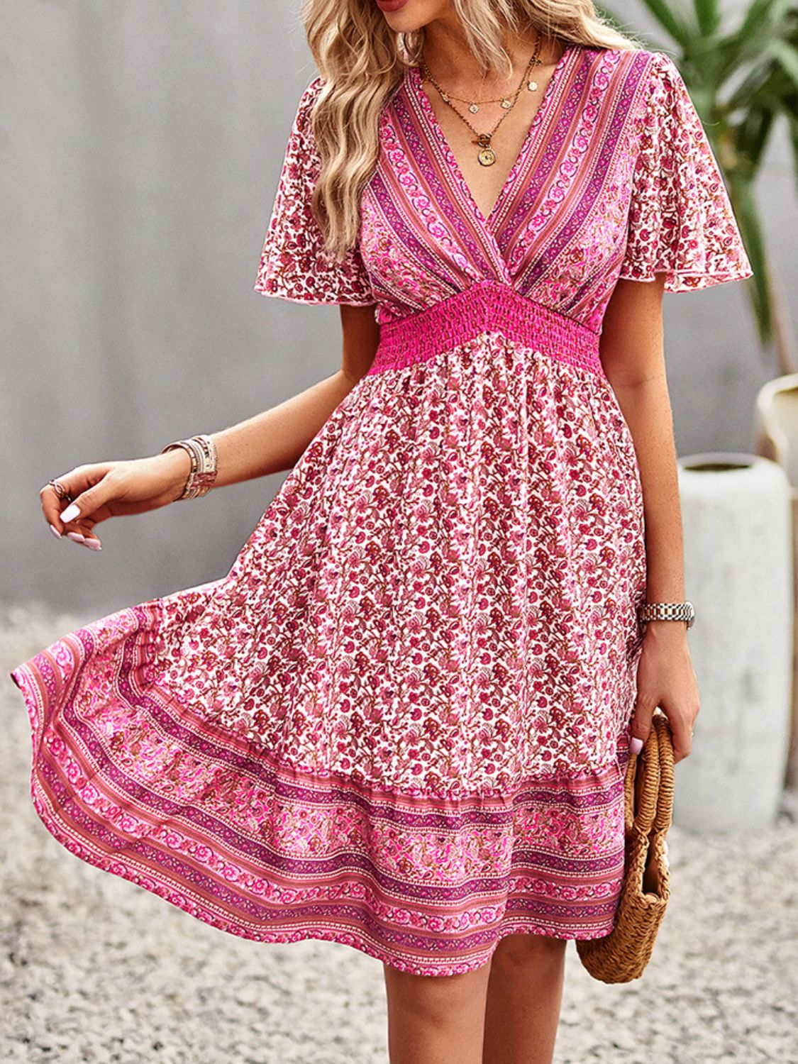 Devine Floral Smocked Waist Short Sleeve Mini Dress Front View
