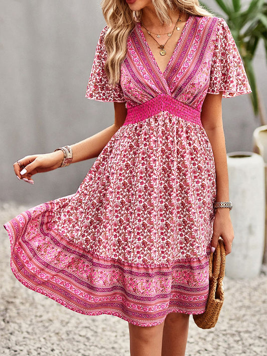 Devine Floral Smocked Waist Short Sleeve Mini Dress Front View